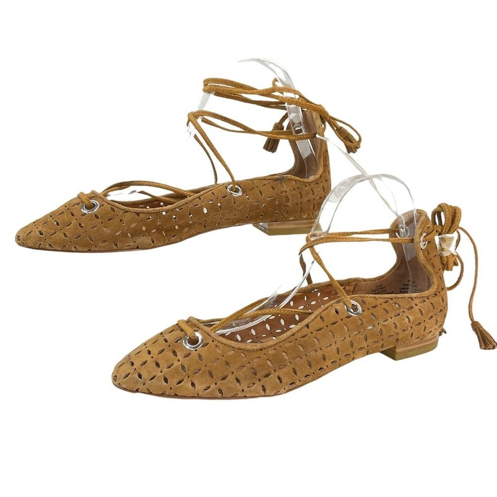 Halogen Shoes Womens Sz 7.5 Nella Ghillie Camel Suede Ankle Wrap Flats Nwob